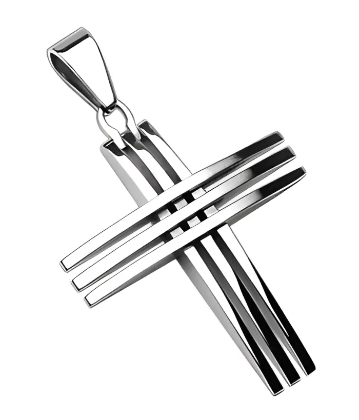 Moderní přívěsek křížek z chirurgické oceli. Výrazný design a nevšední vzhled