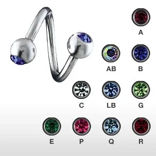 Piercing do obočí spirála z chirurgické oceli s barevným zirkonem