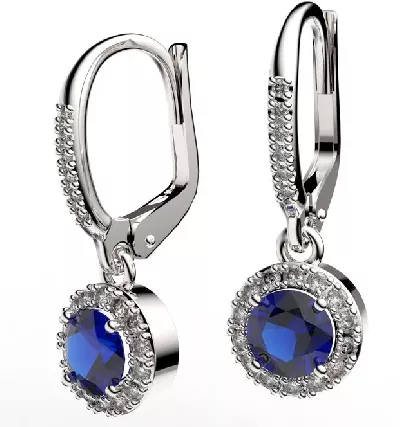 Elegantní visací náušnice z bílého zlata s modrými safíry a diamanty