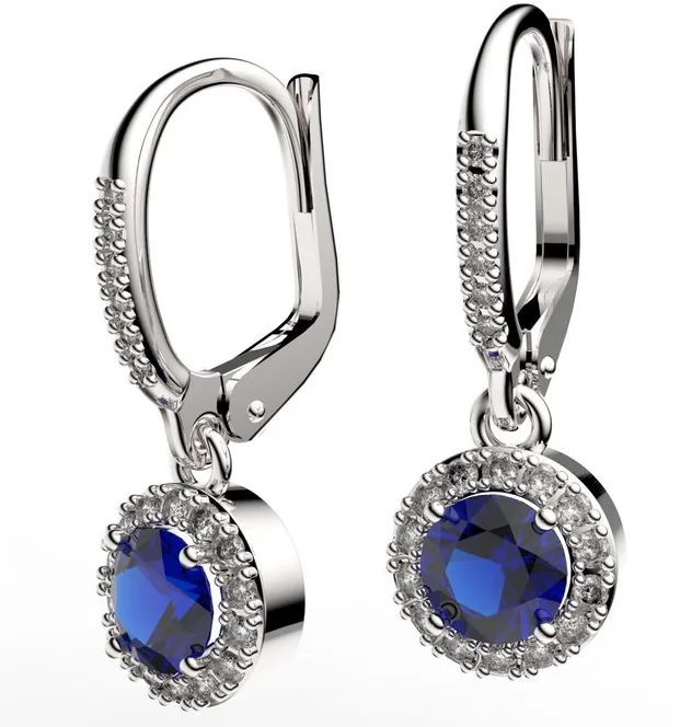 Elegantní visací náušnice z bílého zlata s modrými safíry a diamanty