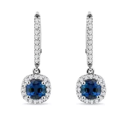 Elegantní visací zlaté náušnice s modrými safíry a diamanty