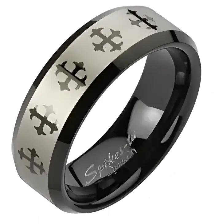 Černý wolframový prsten se stříbrným pásem a kříži