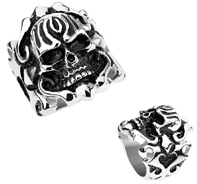 Výrazný pánský ocelový patinovaný prsten vypouklá lebka pro drsné muže