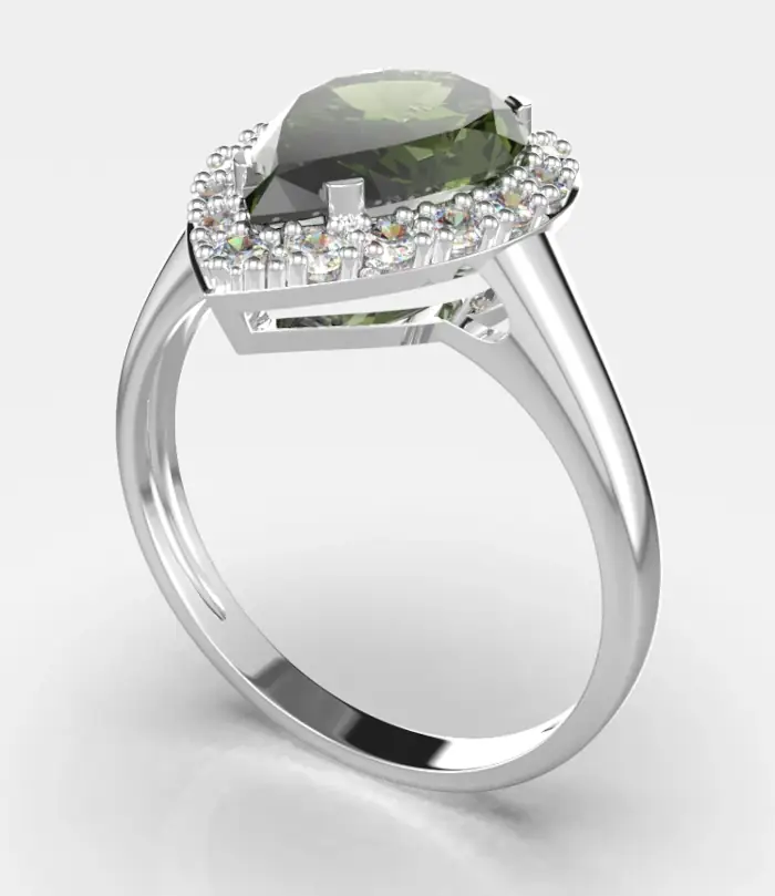 Vltavínový prsten bílé zlato a diamanty