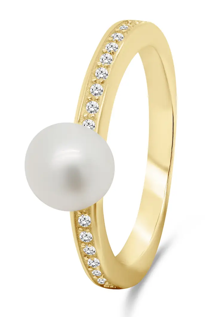 Elegantní pozlacený dámský prsten s pravou sladkovodní perlou a zirkony