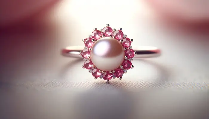 Zásnubní prsten s růžovou perlou a růžovými safíry