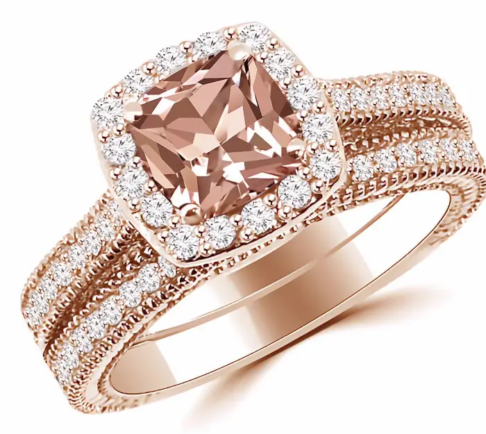 Luxusní růžovozlatý snubní prsten s morganitem a diamanty