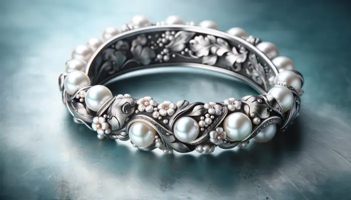 Dámský stříbrný náramek s perličkami a květinovými motivy