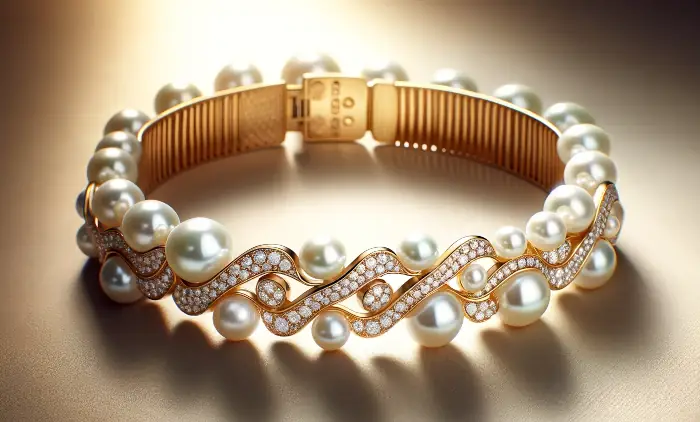 Dámský zlatý náramek s bílými perlami a jemnými diamanty ve tvaru vlny