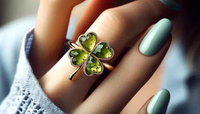 Dámský zlatý olivínový prstýnek čtyřlístek pro štěstí