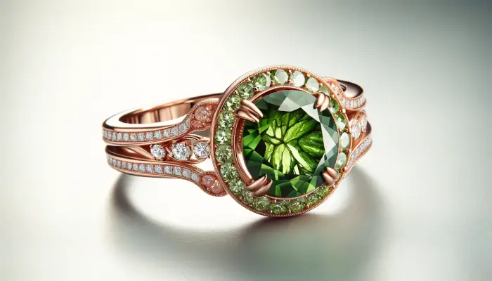 Snubní prsten z růžového zlata z centrálním olivínem a brilianty