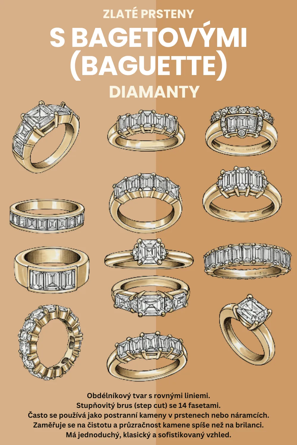 Zalté prsteny s bagetovými diamanty