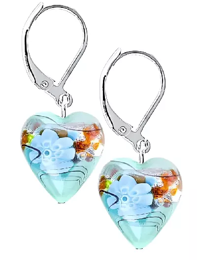 Romantické srdcové náušnice perly Lampglas modrý květinový vzor