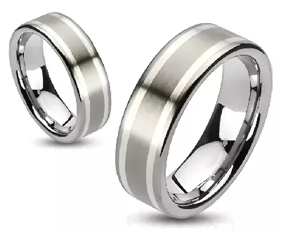 Wolfrmový prsten 8 mm se dvěma stříbrnými pruhy po stranách