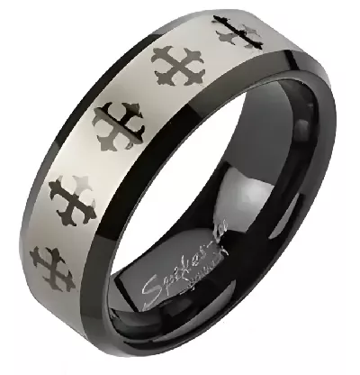 Černý wolframový prsten se stříbrným pásem a kříži