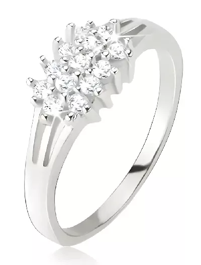 Stříbrný prsten s roztrojenými rameny a okrouhlými čirými zirkony