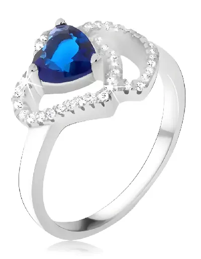 Stříbrný prstýnek dvojité srdce s modrým kamínkem