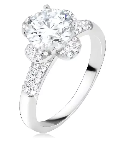 Stříbrný zásnubní prsten kytička bohatě zdobená zirkony