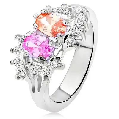 Levný dámský prsten stříbrné barvy, dva barevné kamínky, malé čiré zirkony