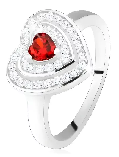 Stříbrný prsten s velkým srdcem s červeným kamínkem