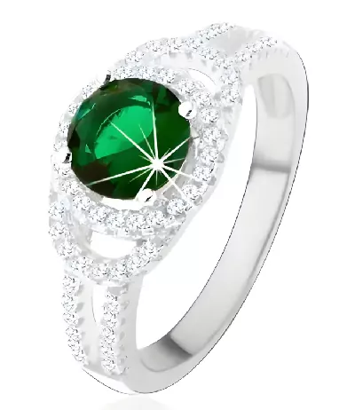 Prsten ze sterlingového stříbra s velkým zeleným a menšími čirými zirkony