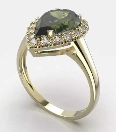 Jemný zlatý prsten s vltavínem a diamanty Essie. Objemte kouzlo zeleně