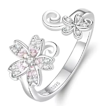 Kouzelný prsten s jarními květy. Velikostně nastavitelný dámský stříbrný prsten s zirkony