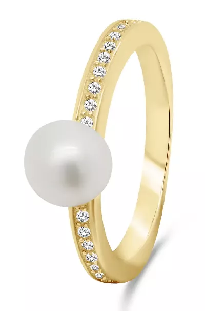 Elegantní pozlacený dámský prsten s pravou sladkovodní perlou a zirkony