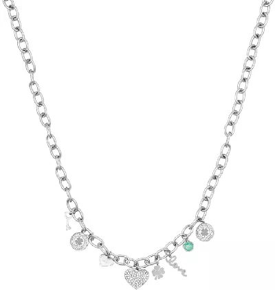 Luxusní ocelový náhrdelník pro štěstí s přívěsky čtyřlístků, srdíček, klíčku a slova 
